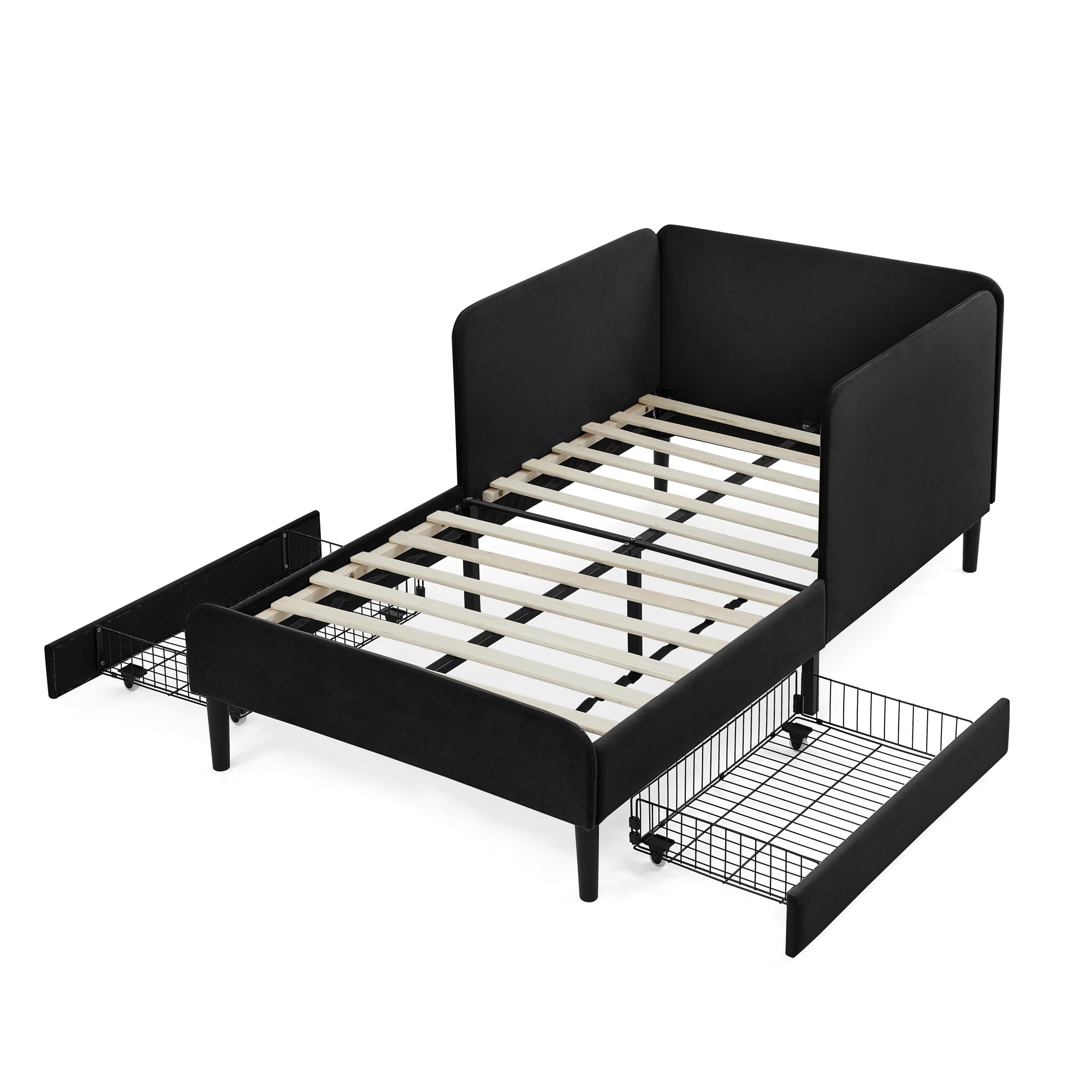 Black Velvet Twin Upholstered Platform Bed Frame with 2 Storage Drawers and Adjustable Sofa Bed - Grand Goldman Shop