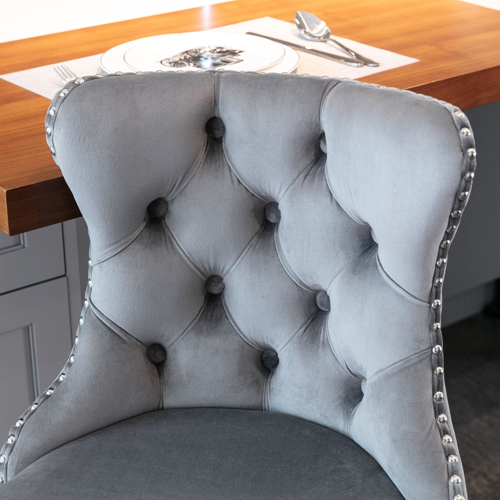 A&A Furniture,Swivel Velvet Barstools Adjusatble Seat Height from 25-33 Inch, Modern Upholstered Chrome base Bar Stools with Backs Comfortable Tufted for Home Pub and Kitchen Island（Gray,Set of 2） - Grand Goldman Shop