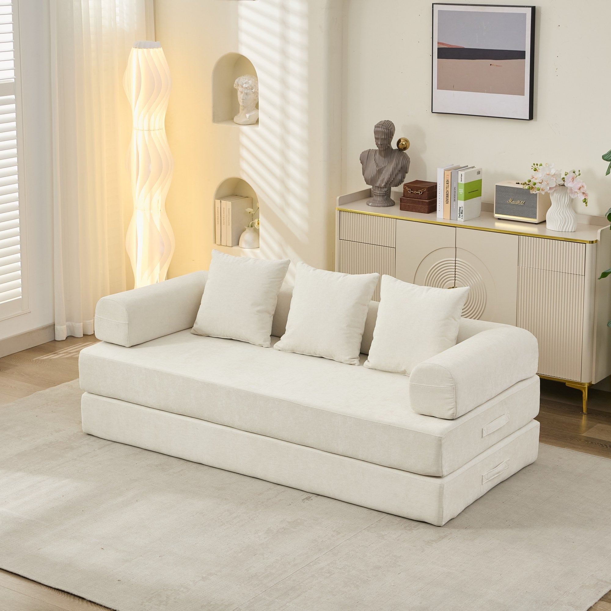 Comfy Convertible Folding Mattress Couch, Floor Sofa Bed, Chenille Floor Sofa with Armrest, Floor Sofa Lounge Couch for Living Room Bedroom Lounge Studio-Beige - Grand Goldman Shop