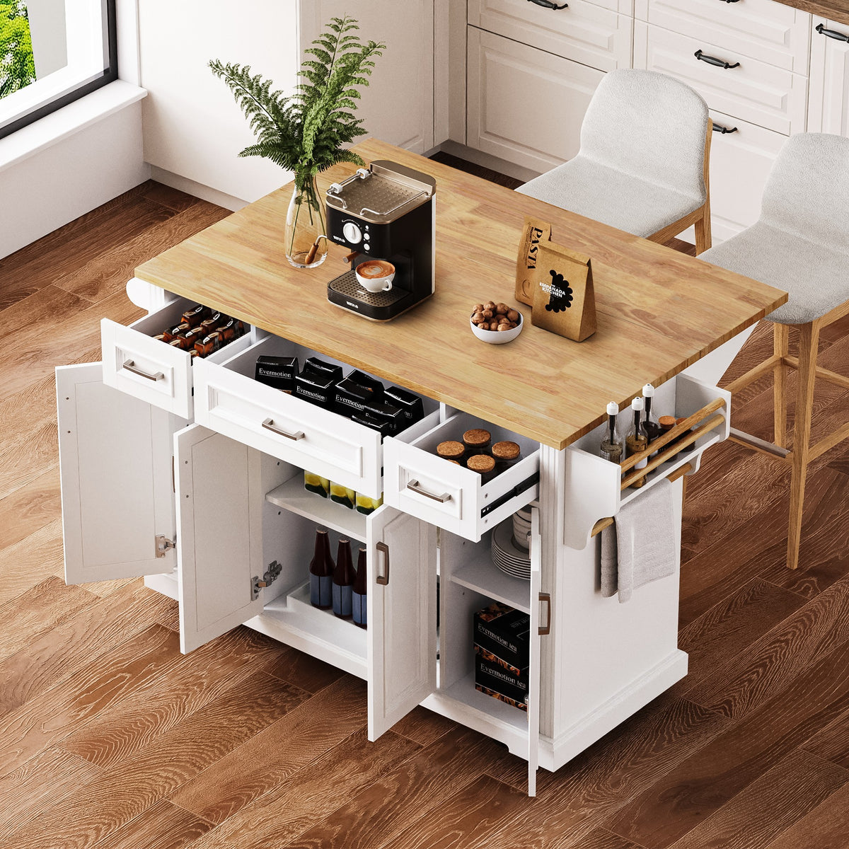 K&K 54inch Large Kitchen Island with Rubber Wood Drop Leaf, Embossed Texture Rolling Kitchen Cart on 4 Wheels with 4 Doors and 3 Drawers, Kitchen Island with Storage for Kitchen, Dining Room,White - Grand Goldman Shop
