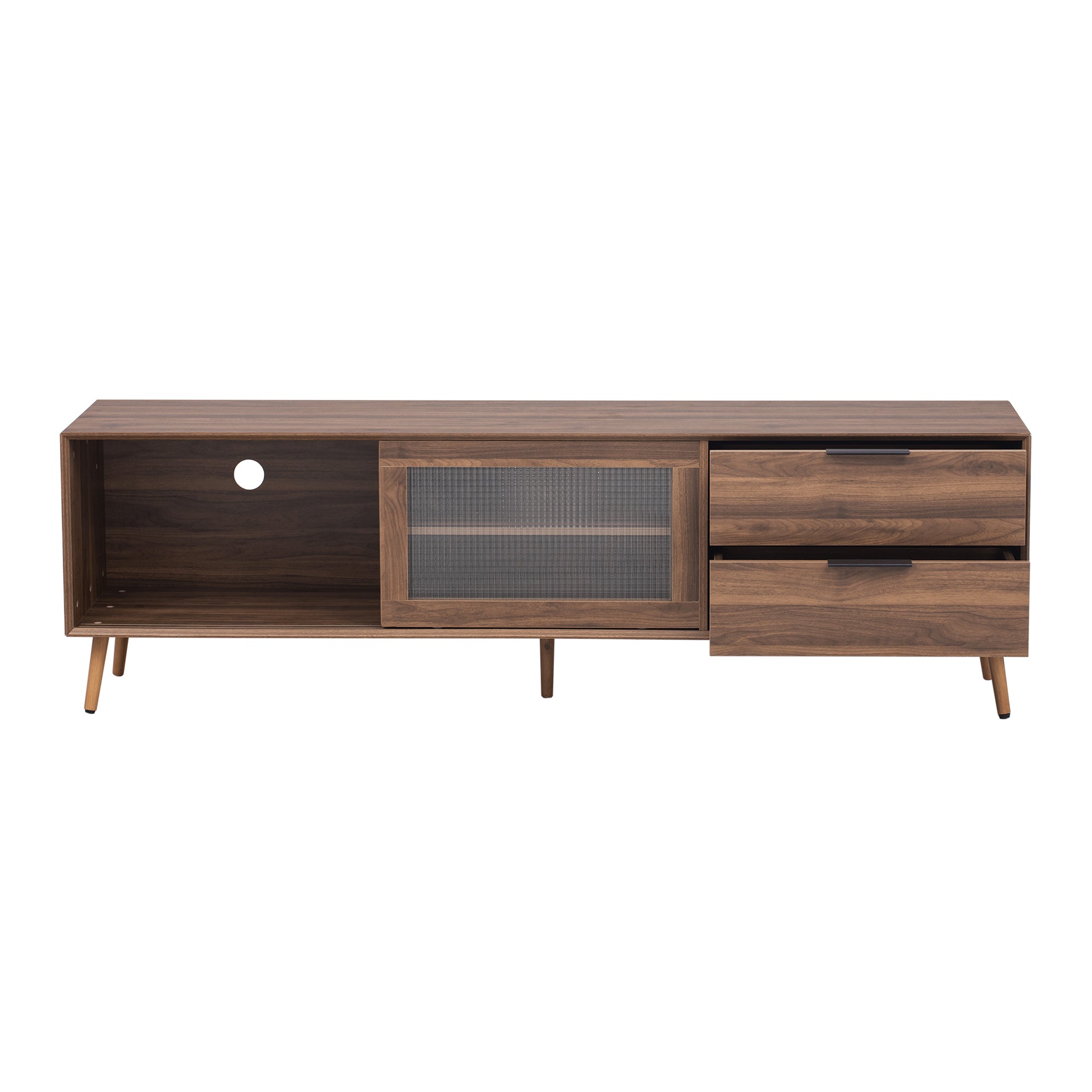 Modern Walnut TV Stand for 75+ TV, 70' Media Console with 2 Glass Doors, 2 Drawers & Storage Cabinet, MDF and Solid Wood Construction - Grand Goldman Shop