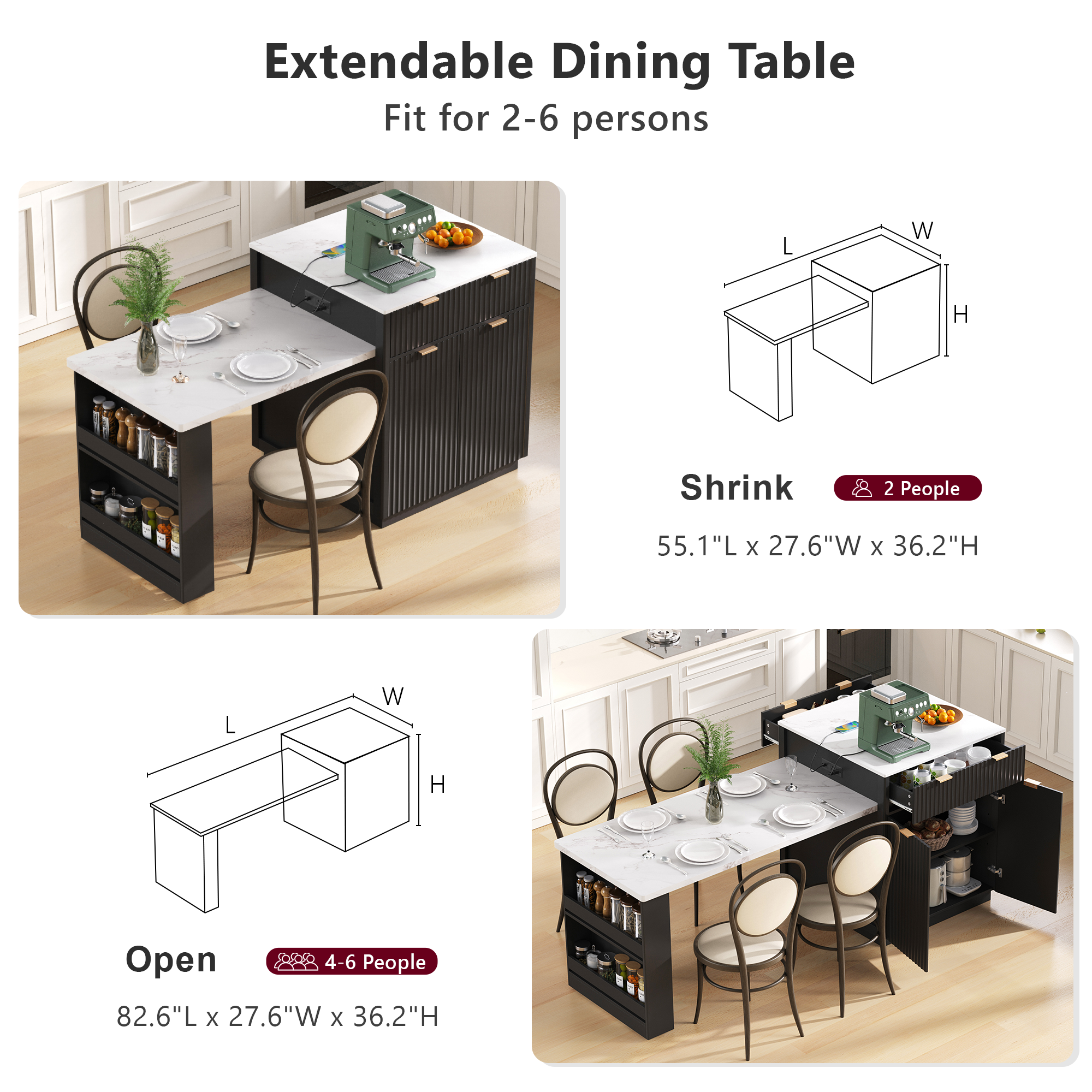 K&K 82.6' Fluted Kitchen Island with Extendable Dining Table for 4-6, Island Table for Kitchen with Power Outlet, Kitchen Table with Double-Side Storage, 2 Drawers 2 Side Open Shelves, Black - Grand Goldman Shop