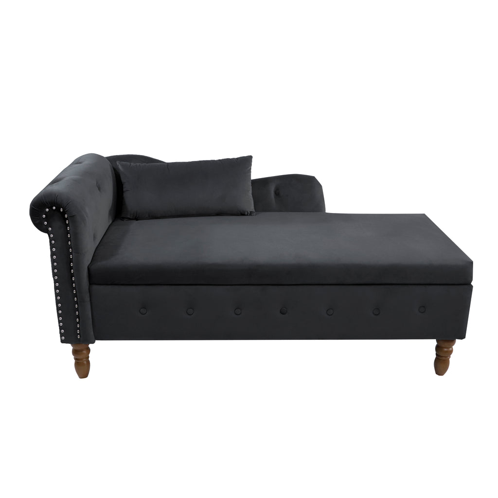 Black Chaise Lounge Indoor, Velvet Lounge Chair for Bedroom with Storage & Pillow, Modern Upholstered Rolled Arm Chase Lounge for Sleeping with Nailhead Trim for Living Room Bedroom Office - Grand Goldman Shop