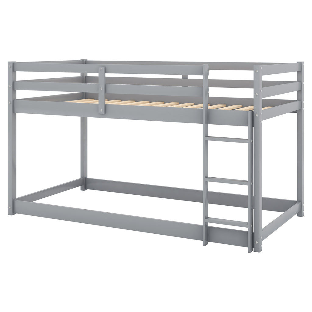 Gray Twin Over Twin Floor Bunk Bed with Ladder, Solid Pine Wood, 79.1''L x 42''W x 46.5''H - Grand Goldman Shop