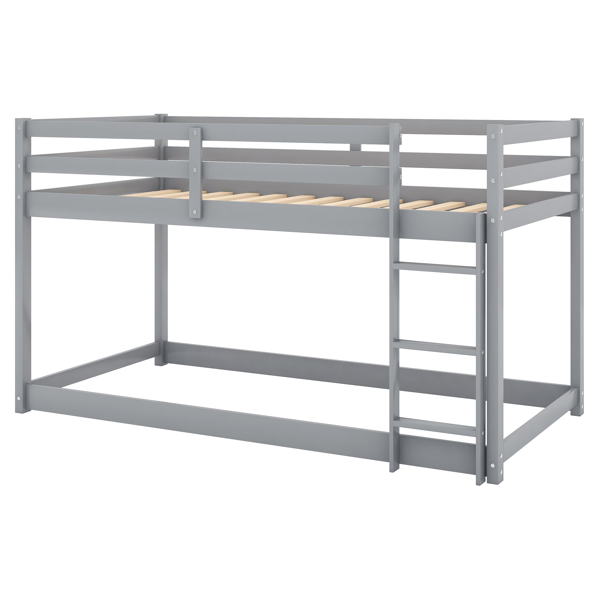 Gray Twin Over Twin Floor Bunk Bed with Ladder, Solid Pine Wood, 79.1''L x 42''W x 46.5''H - Grand Goldman Shop