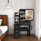 Modern Vanity Desk with 3 LED Lighting Modes, 4 Drawers, Open Shelves, Hair Dryer Holder & Power Socket, Black MDF Dressing Table Set with Chair - Grand Goldman Shop