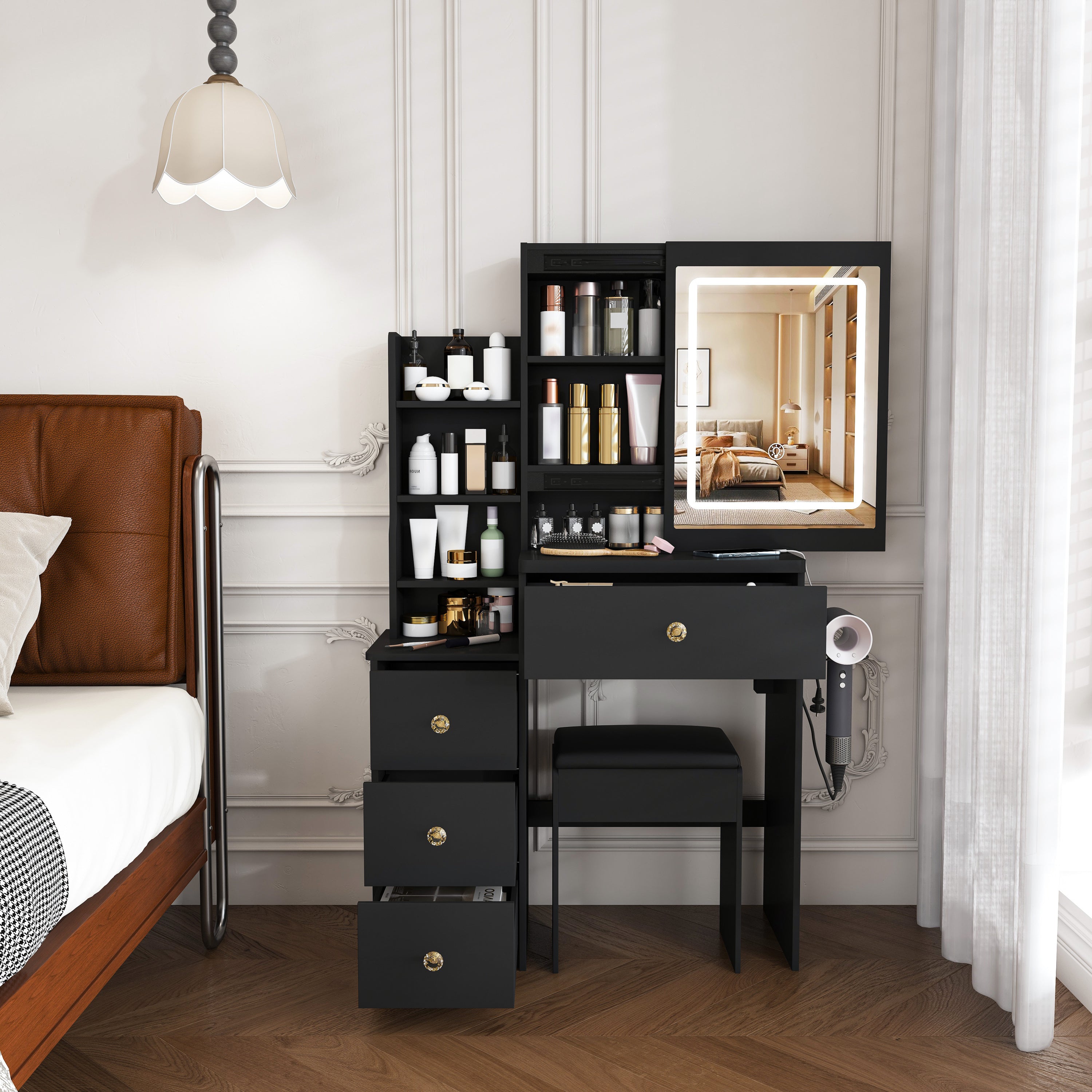 Modern Vanity Desk with 3 LED Lighting Modes, 4 Drawers, Open Shelves, Hair Dryer Holder & Power Socket, Black MDF Dressing Table Set with Chair - Grand Goldman Shop