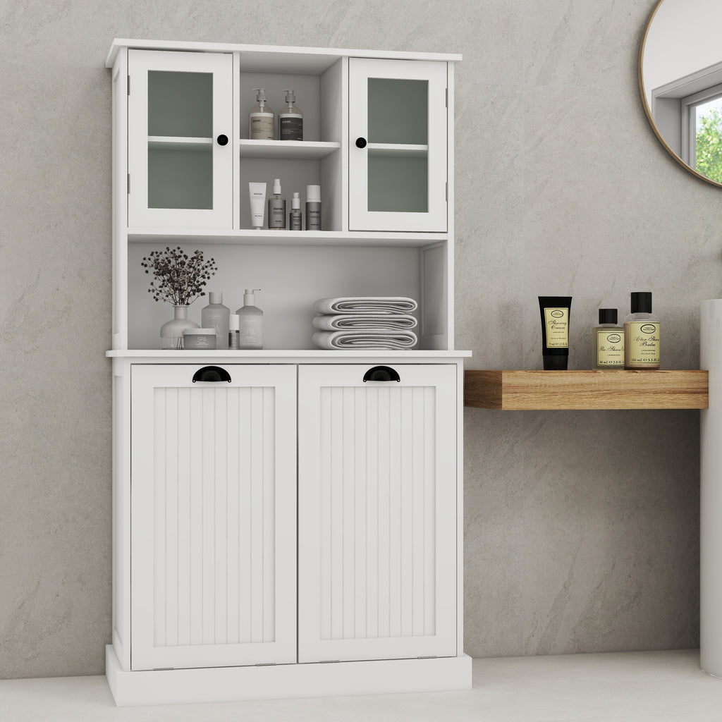 Two-Compartment Tilt-Out Dirty Laundry Basket Tall Bathroom Cabinet with 2 Adjustable Shelves-White - Grand Goldman Shop