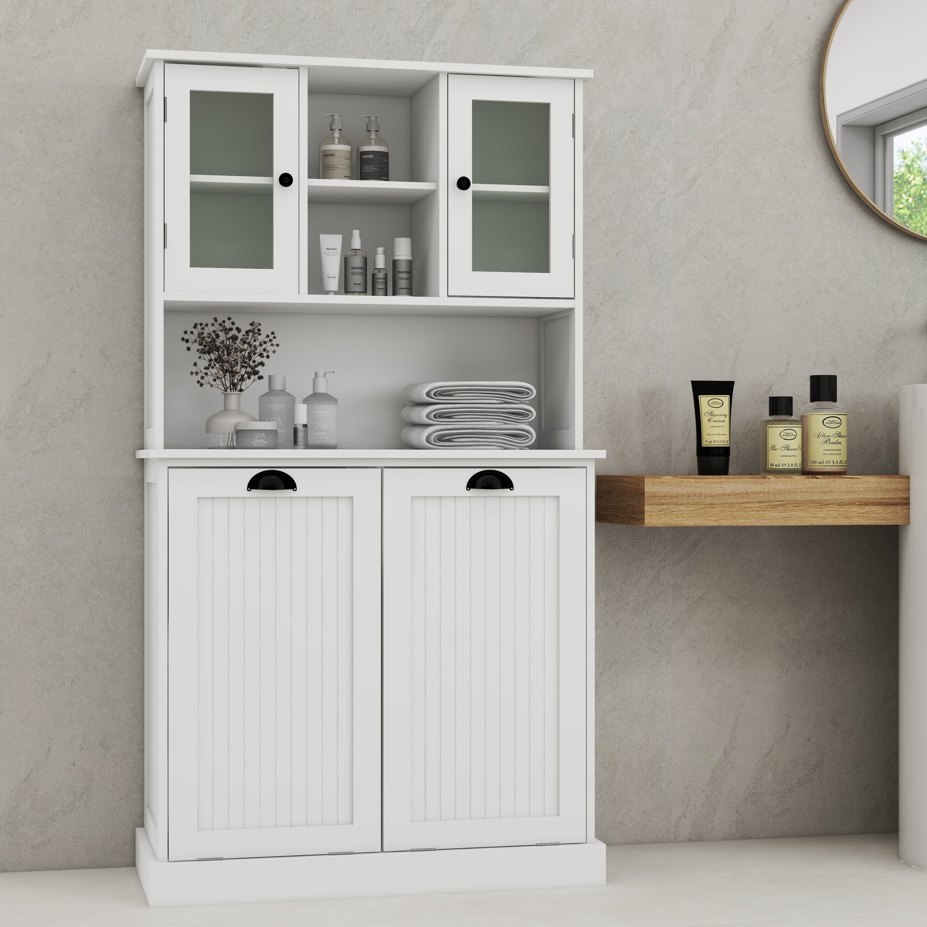 Two-Compartment Tilt-Out Dirty Laundry Basket Tall Bathroom Cabinet with 2 Adjustable Shelves-White - Grand Goldman Shop