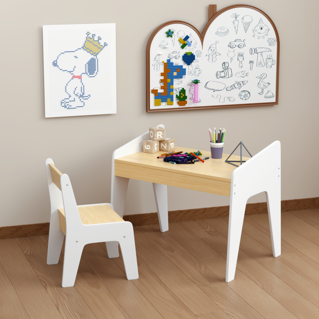 Kids Table Set with One Chair, Wooden Children Study Table, 2-8  Age Kids Funiture , White+Natural - Grand Goldman
