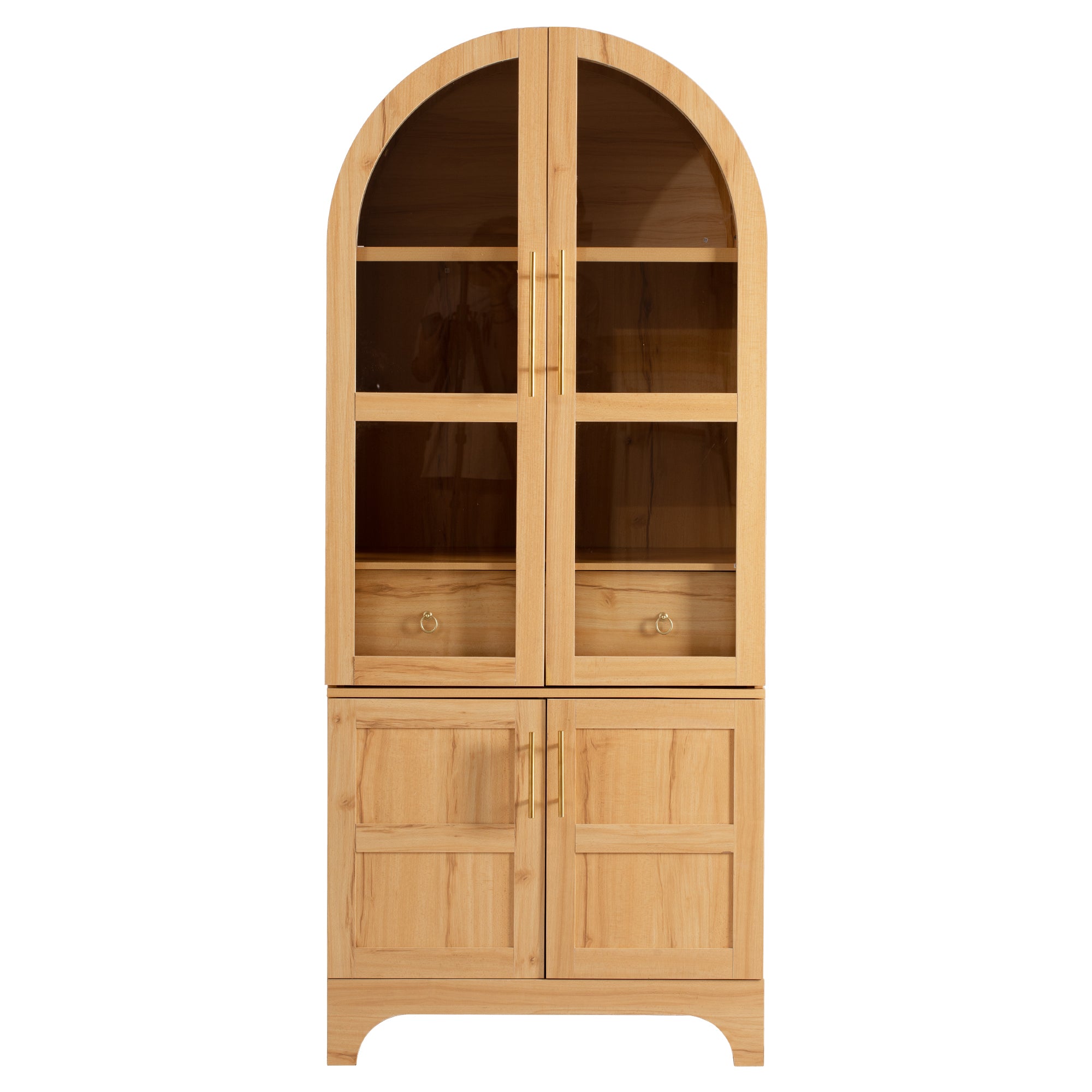 K&K 71' Tall Arched Kitchen Pantry Cabinet with Door Shelves, Farmhouse Kitchen Storage Cabinet with Open & Adjustable Shelves, Hidden Drawer & Glass Door, Cupboard for Kitchen, Dining Room, Natural - Grand Goldman Shop