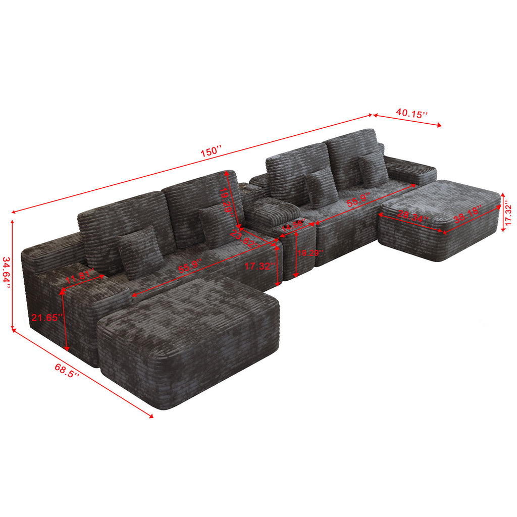 150''Width 5-piece Sectional Sofa with 2 Ottomans,Comfy U-shaped Sofa Couch for Living Room,BLACK Plush Corduroy Fabric - Grand Goldman Shop