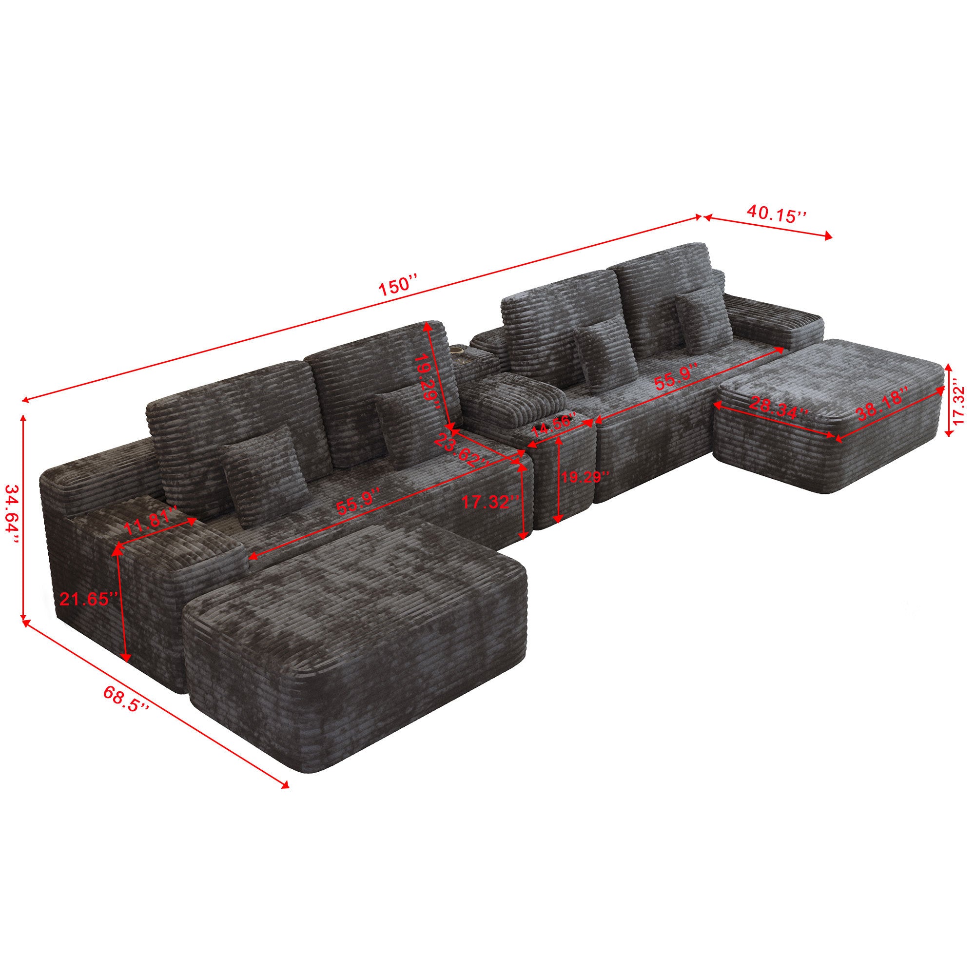 150''Width 5-piece Sectional Sofa with 2 Ottomans,Comfy U-shaped Sofa Couch for Living Room,BLACK Plush Corduroy Fabric - Grand Goldman Shop