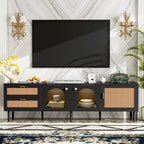 Black Rattan-inspired TV Stand with 3 Cabinets & 2 Drawers, MDF and Solid Wood Media Console for TVs up to 80'', Modern Living Room Entertainment Center - Grand Goldman Shop