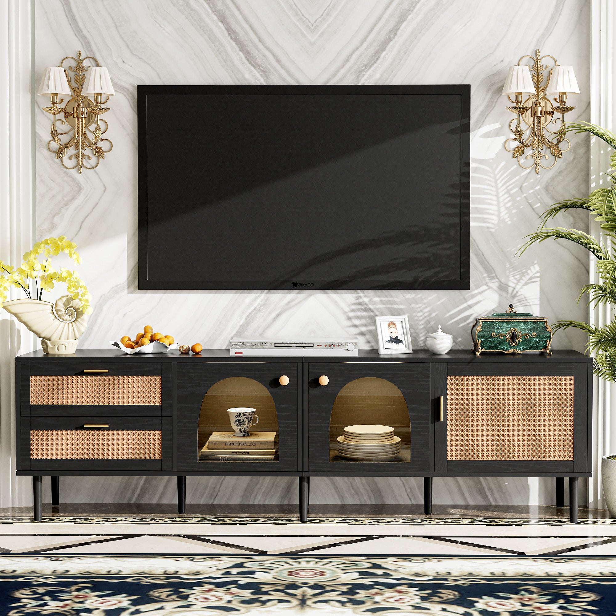 Black Rattan-inspired TV Stand with 3 Cabinets & 2 Drawers, MDF and Solid Wood Media Console for TVs up to 80'', Modern Living Room Entertainment Center - Grand Goldman Shop