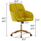 TY Modern Office Chair with Gold Base, Bright Yellow Velvet Upholstery, Wide Backrest and Adjustable Height for Home or Offic