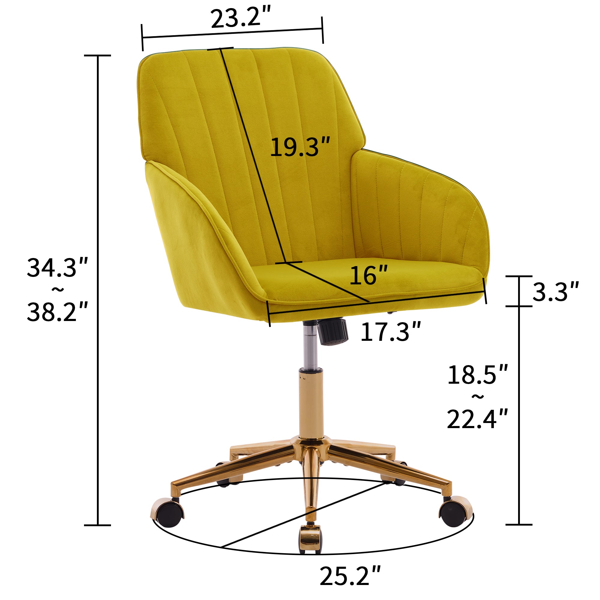 TY Modern Office Chair with Gold Base, Bright Yellow Velvet Upholstery, Wide Backrest and Adjustable Height for Home or Offic