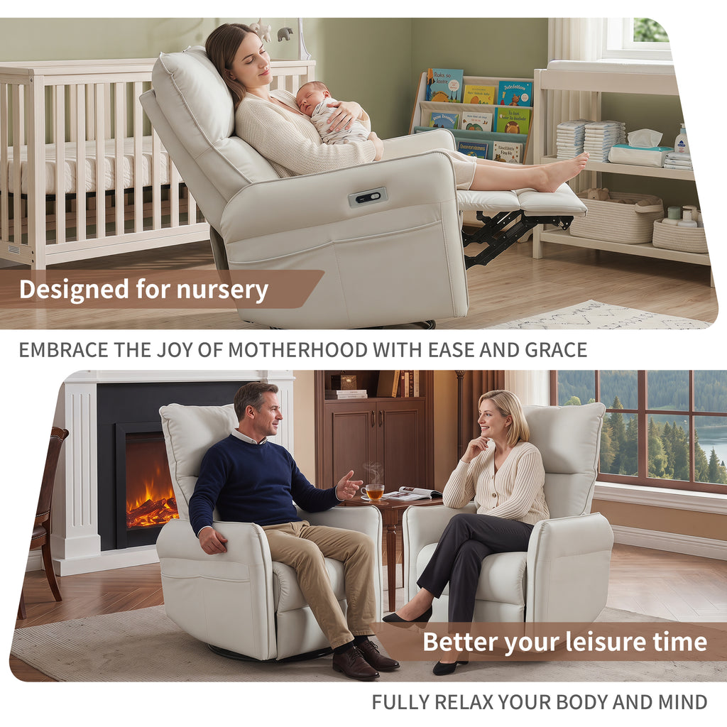 270° Power Swivel Rocker Recliner Chair, PU Leather Electric Glider Reclining Sofa with USB Ports, Power Swivel Glider, Rocking Chair,Nursery Recliners for Living Room Bedroom(Light Gray+270°Swivel) - Grand Goldman Shop