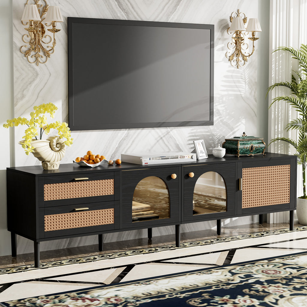 Black Rattan-inspired TV Stand with 3 Cabinets & 2 Drawers, MDF and Solid Wood Media Console for TVs up to 80'', Modern Living Room Entertainment Center - Grand Goldman Shop