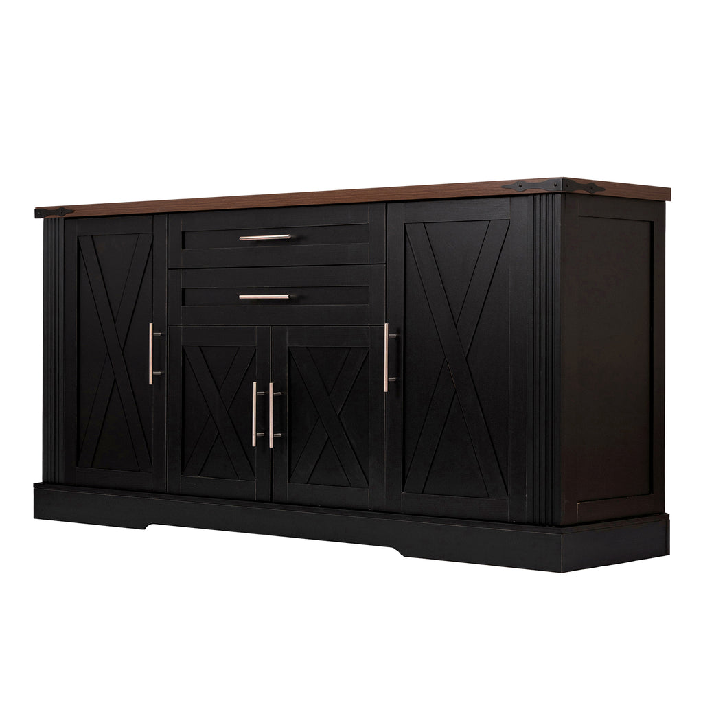 Black Farmhouse Barn Door Storage Cabinet with 2 Drawers & Door Rack, Adjustable Shelves, MDF Construction, 63.11' L x 15.75' W x 32.09' H - Grand Goldman Shop