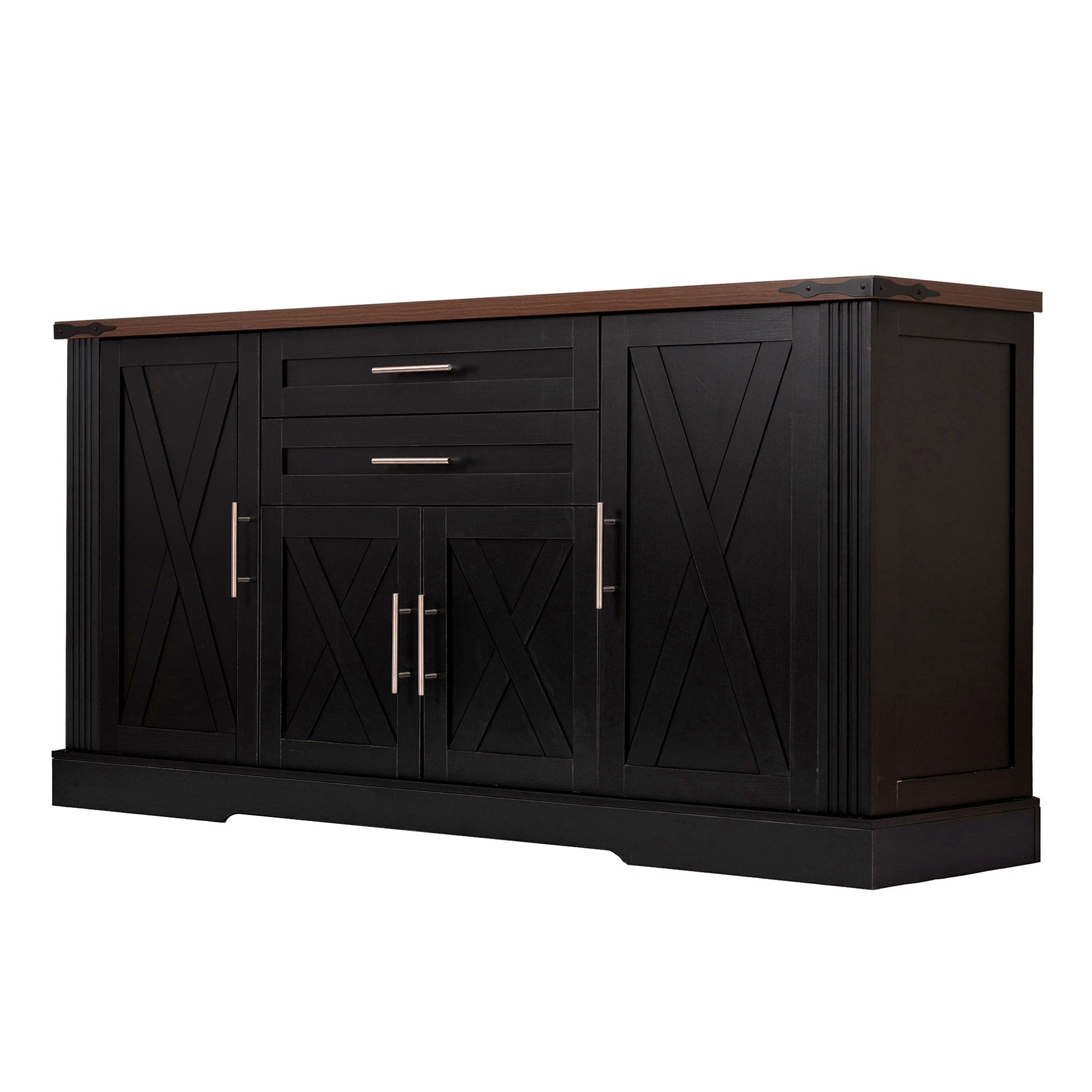 Black Farmhouse Barn Door Storage Cabinet with 2 Drawers & Door Rack, Adjustable Shelves, MDF Construction, 63.11' L x 15.75' W x 32.09' H - Grand Goldman Shop