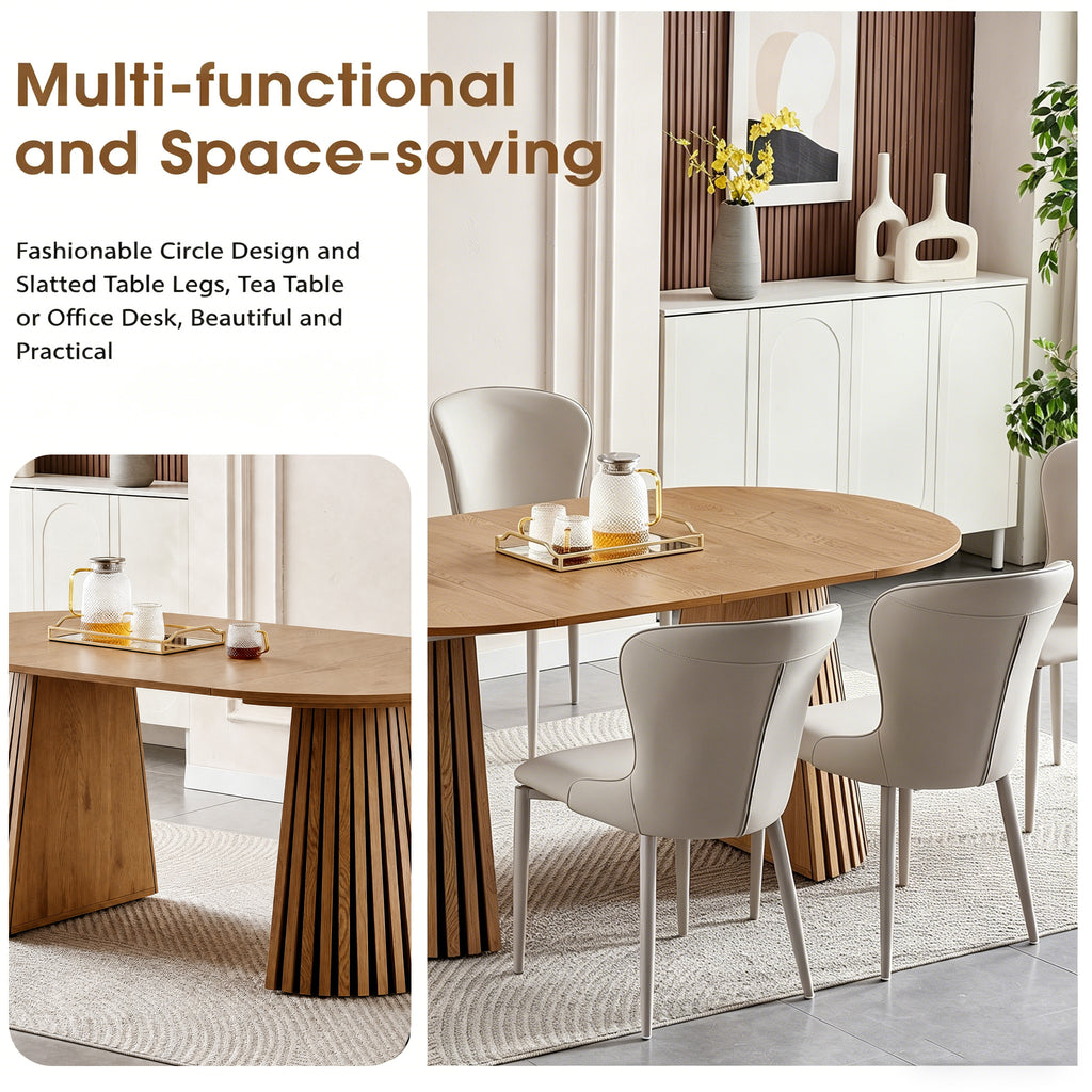 Wooden Dining Table, Flexible and Extendable, Multi-functional and Space-saving, Fashionable Oval Design and Slatted Table Legs, Tea Table or Office Desk, Beautiful and Practical - Grand Goldman Shop