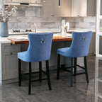 Contemporary Velvet Upholstered Barstools with Button Tufted Decoration and Wooden Legs, and Chrome Nailhead Trim, Leisure Style Bar Chairs,Bar stools, Set of 2 (Blue),SW2002BL - Grand Goldman Shop