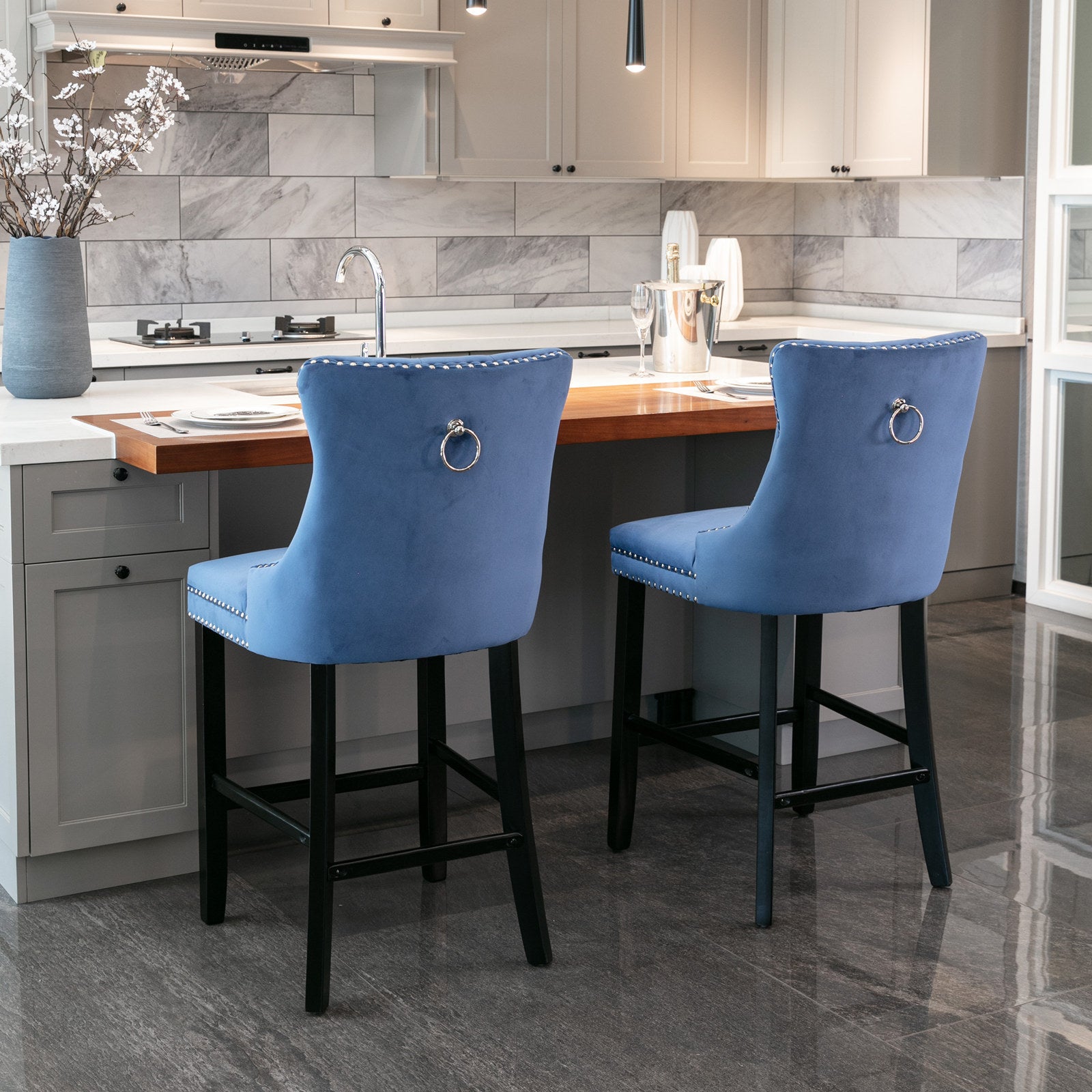 Contemporary Velvet Upholstered Barstools with Button Tufted Decoration and Wooden Legs, and Chrome Nailhead Trim, Leisure Style Bar Chairs,Bar stools, Set of 2 (Blue),SW2002BL - Grand Goldman Shop