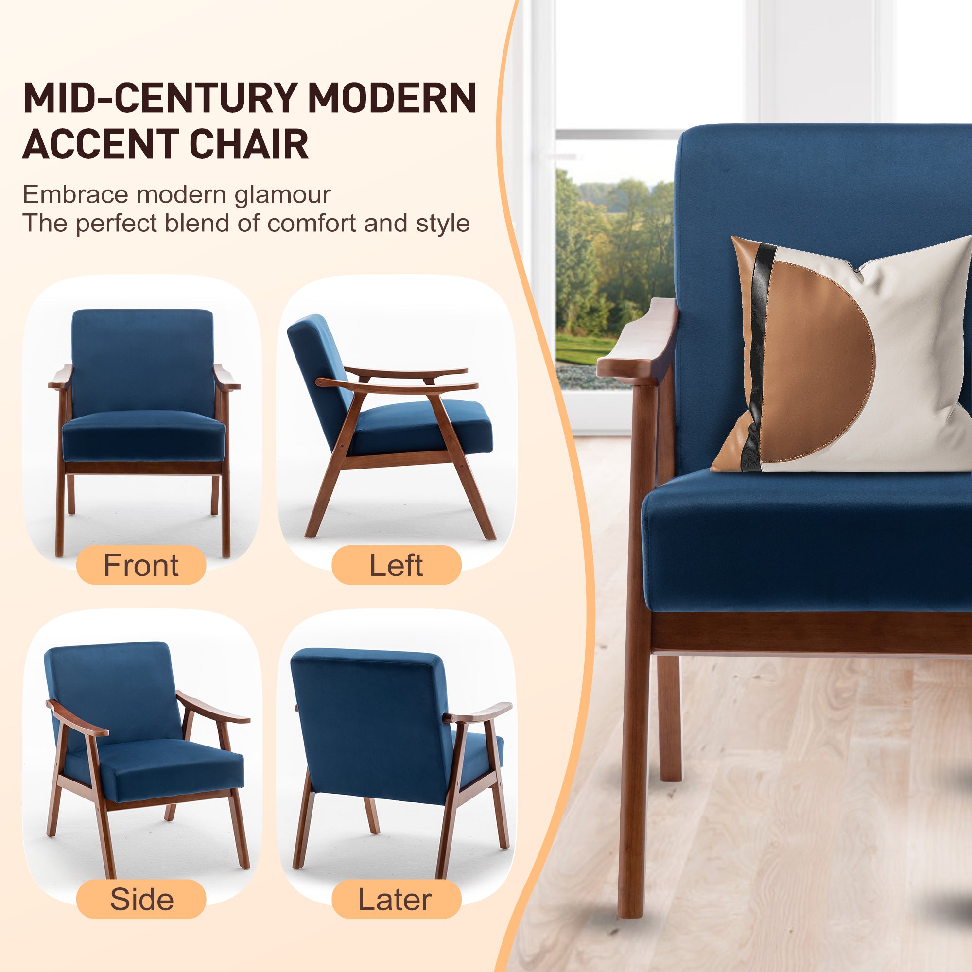 Mid-Century Modern Wingback Accent Chair with Solid Wood Frame and Extra-Thick Backrest – Lounge Chair for Living Room, Bedroom, or Reading Room - Grand Goldman Shop
