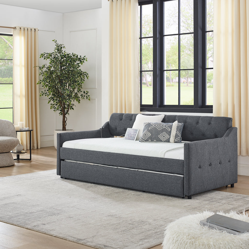 Twin Size Upholstered Daybed with Trundle and USB Charging, Dark Gray Linen - Grand Goldman Shop