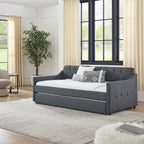 Twin Size Upholstered Daybed with Trundle and USB Charging, Dark Gray Linen - Grand Goldman Shop