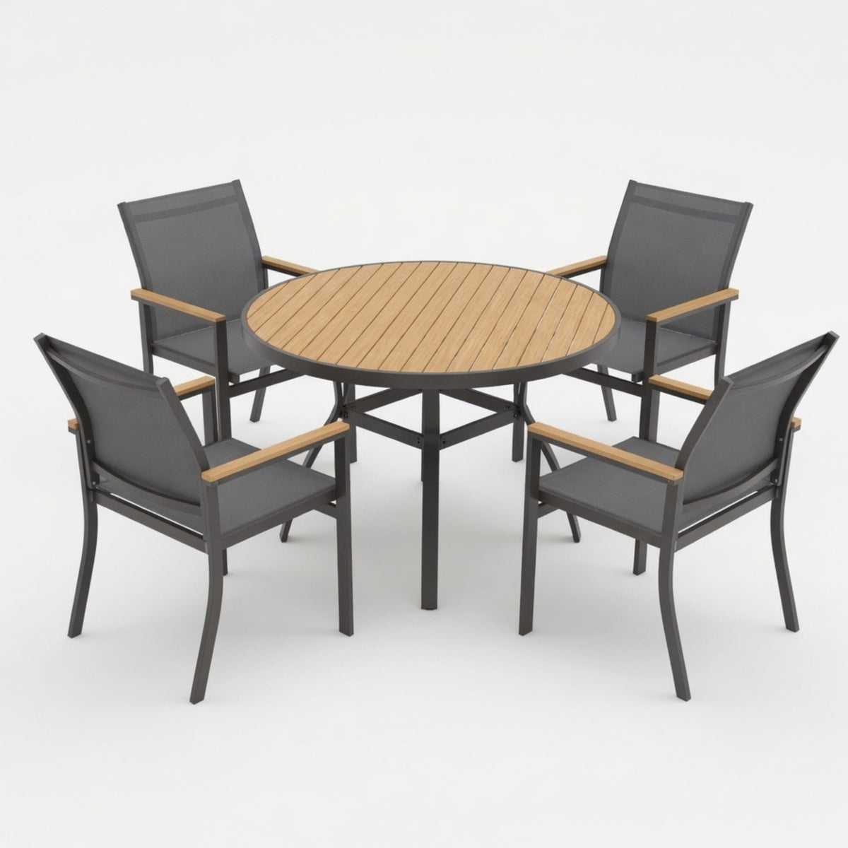 Graues Aluminium-Terrassen-Essset mit Textilene-Stühlen, 5-teiliger Allwetter-Rundtisch und 4-Sitzer für Garten, Deck oder Veranda