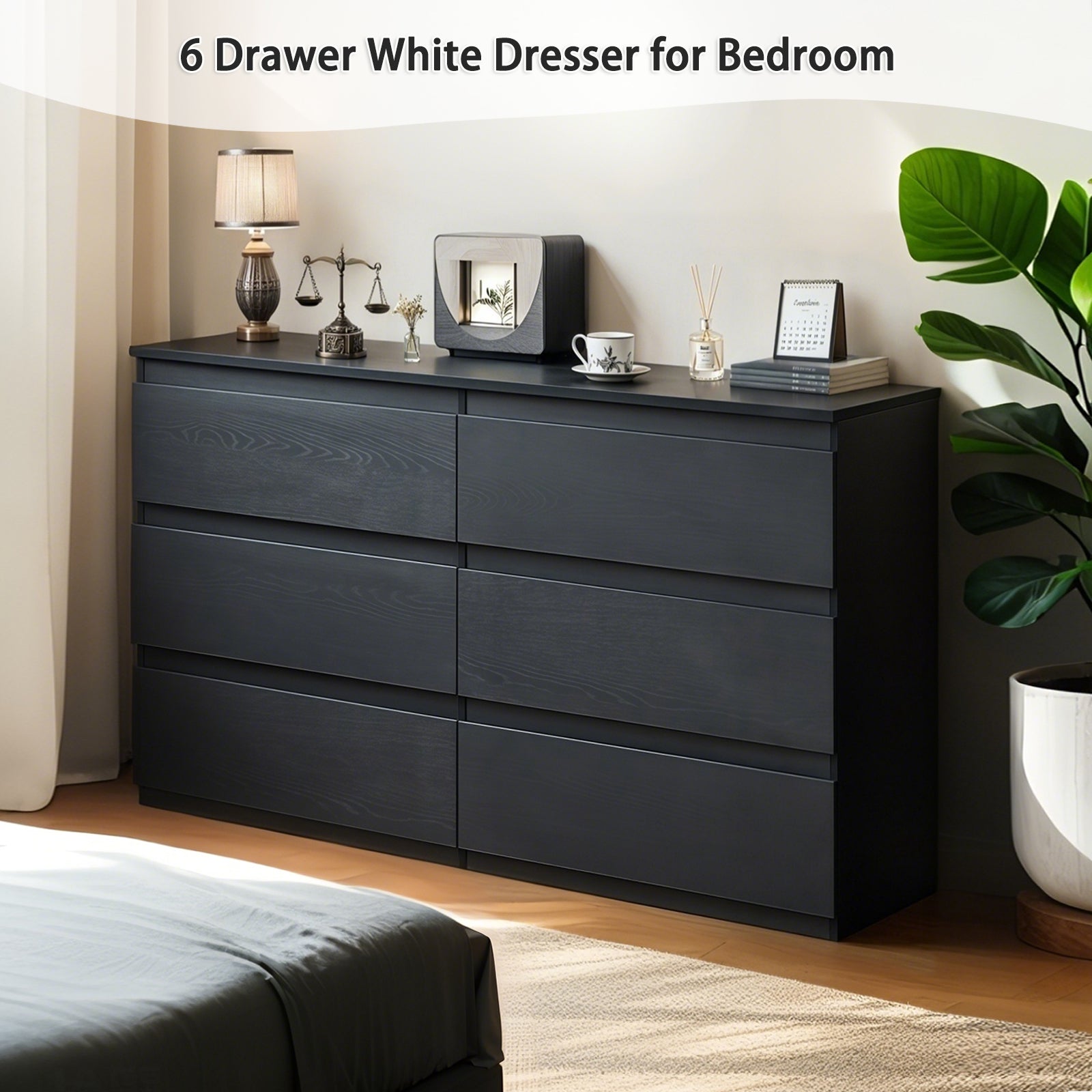 Modern 6 Drawer Dresser with Spacious Countertop and Concealed Handles, Storage Cabinet for Bedroom and Living Room, Black MDF - Grand Goldman Shop