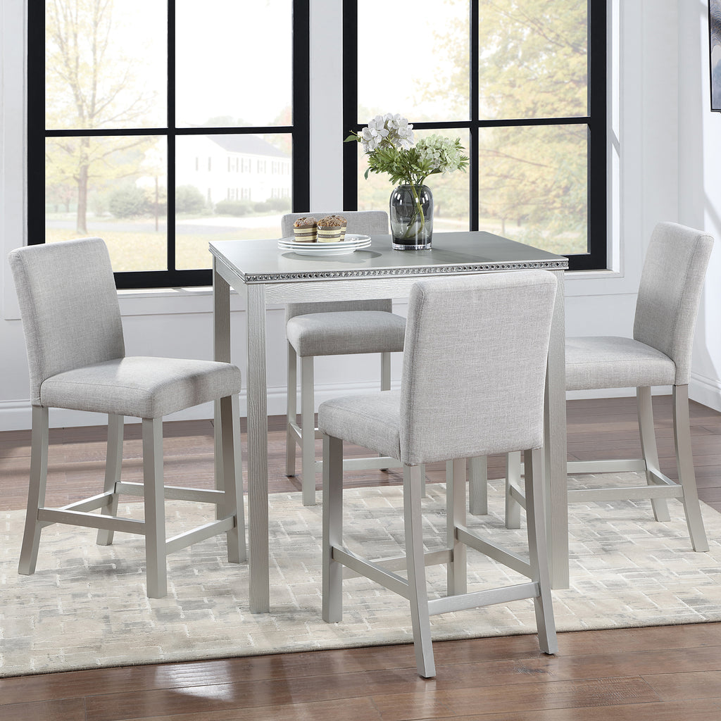 5 Piece Counter Height Table Set, Wooden Kitchen Table Set with Square Table and 4 Upholstered Chairs, Counter Height Dining Table with Crystal Decoration and Chair Set, Silver Grey - Grand Goldman Shop