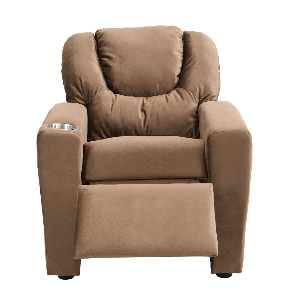 Sally Deluxe Kids Recliner Chair with Cup Holder and Footrest in Brown Velvet, 21.26 x 16.93 x 26.38 inches | Premium Home De
