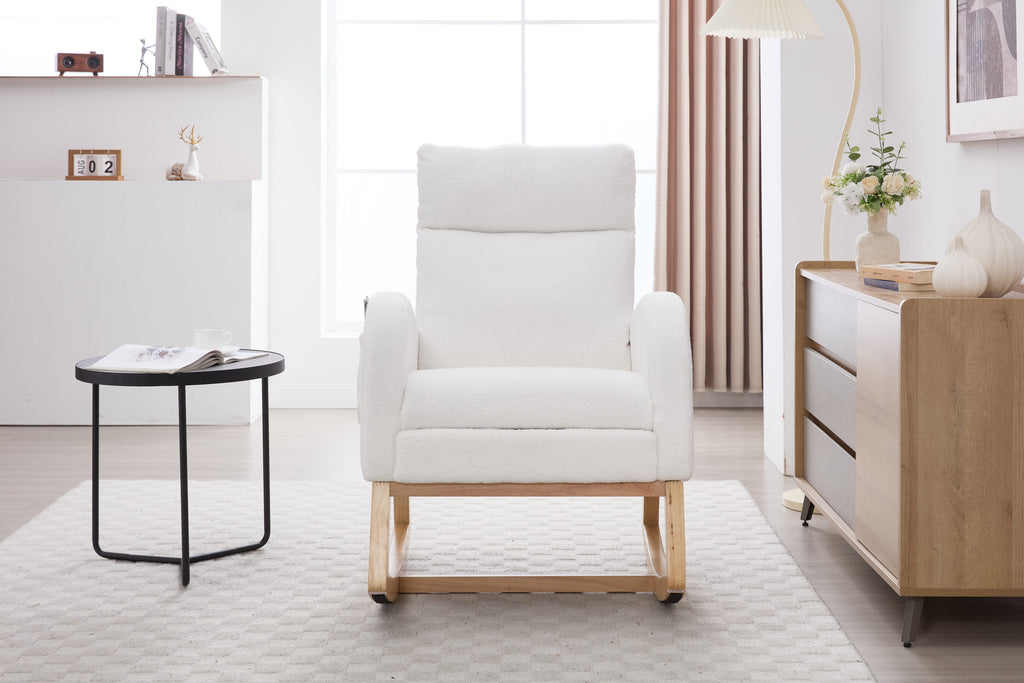 015B-Teddy Fabric Leisure Rocking Chair,Nursery Rocking Chair With Adjustable Footstool,Thickened Headrest And High Backrest, Storage Pocket On The Right Side,The Base Rocker Is Solid Wood,White - Grand Goldman Shop