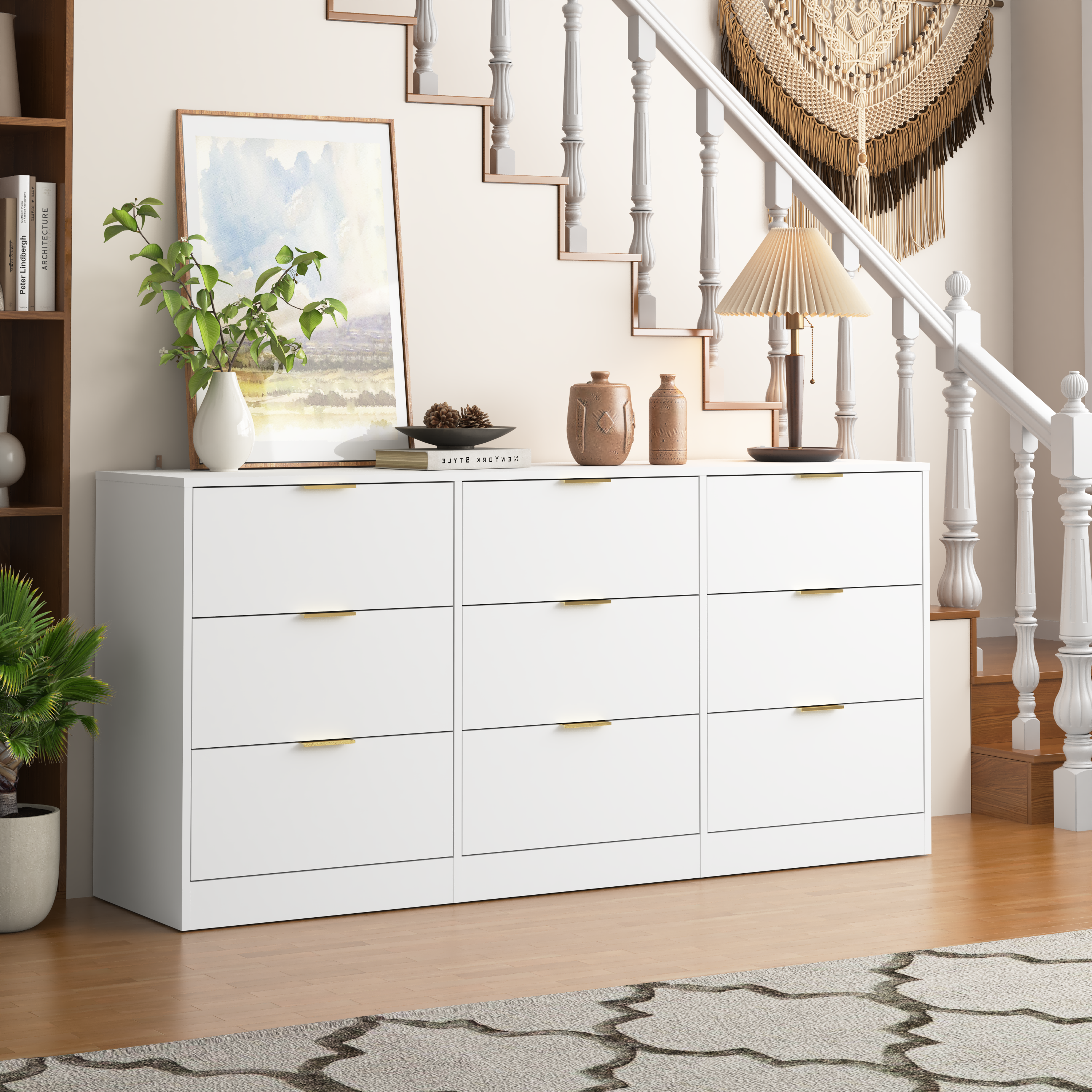 White 9 Drawer Dresser, 63' Large Deep Chest of Drawers, Wooden Dresser Storage Cabinet with 9 Drawers for Bedroom, Long Dressers for Living Room, Hallway - Grand Goldman Shop