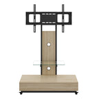 Mobile TV Cart with Push-Pull Drawer for 32-75 Inch TVs, Natural Wood & Glass Stand with Lockable Wheels - Grand Goldman Shop