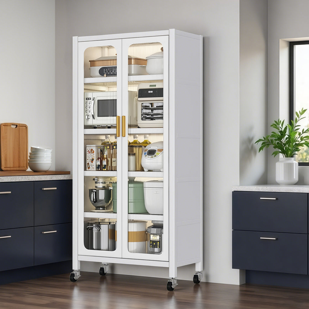 65'  Metal 6-Tier Storage Cabinet with Transparent Door, Adjustable Shelves & Wheels, for Kitchen Pantry Organization, White Metal - Grand Goldman Shop