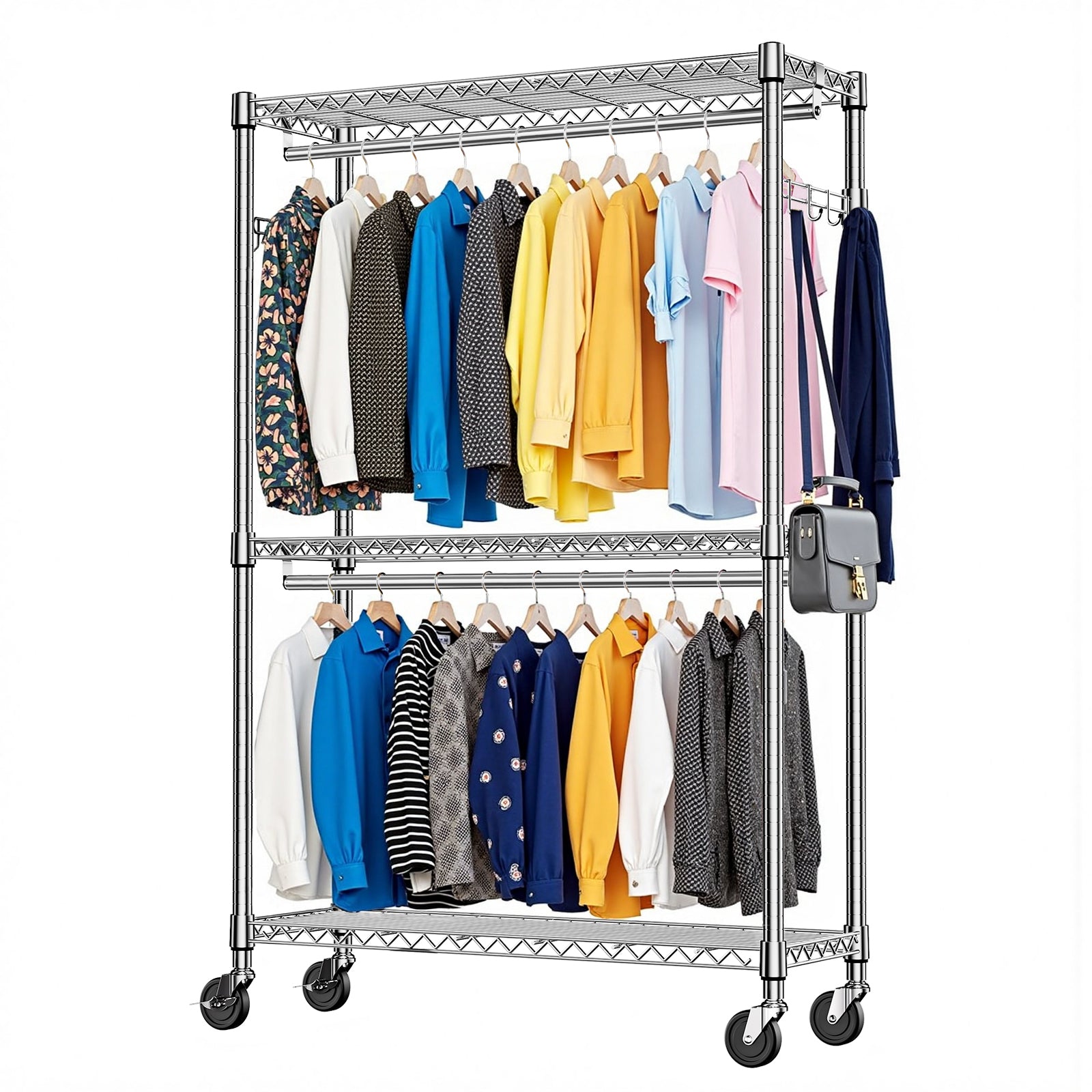 Heavy Duty Rolling Garment Rack 3 Tiers Adjustable Wire Shelving Clothes Rack with 2 Rods and Side Hooks,Storage Closet Clothing Rack with Wheels Chrome 15.7' D x 45.3' W x 79.6' H - Grand Goldman Shop