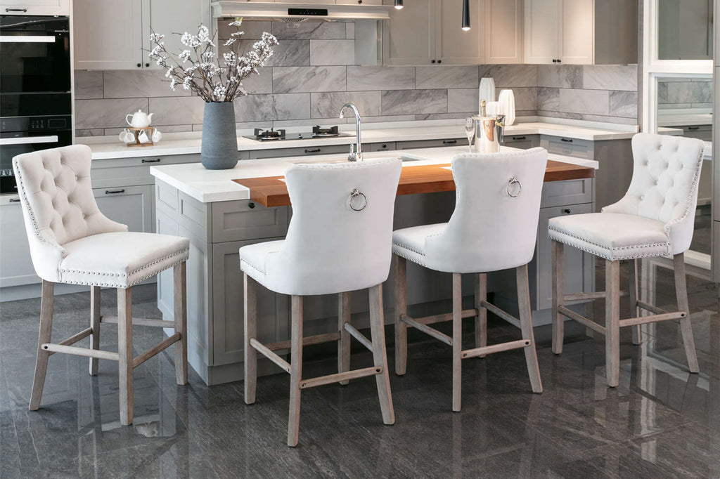 Contemporary Velvet Upholstered Barstools with Button Tufted Decoration and Wooden Legs, and Chrome Nailhead Trim, Leisure Style Bar Chairs,Bar stools, Set of 2 (Beige),SW2002BG - Grand Goldman Shop