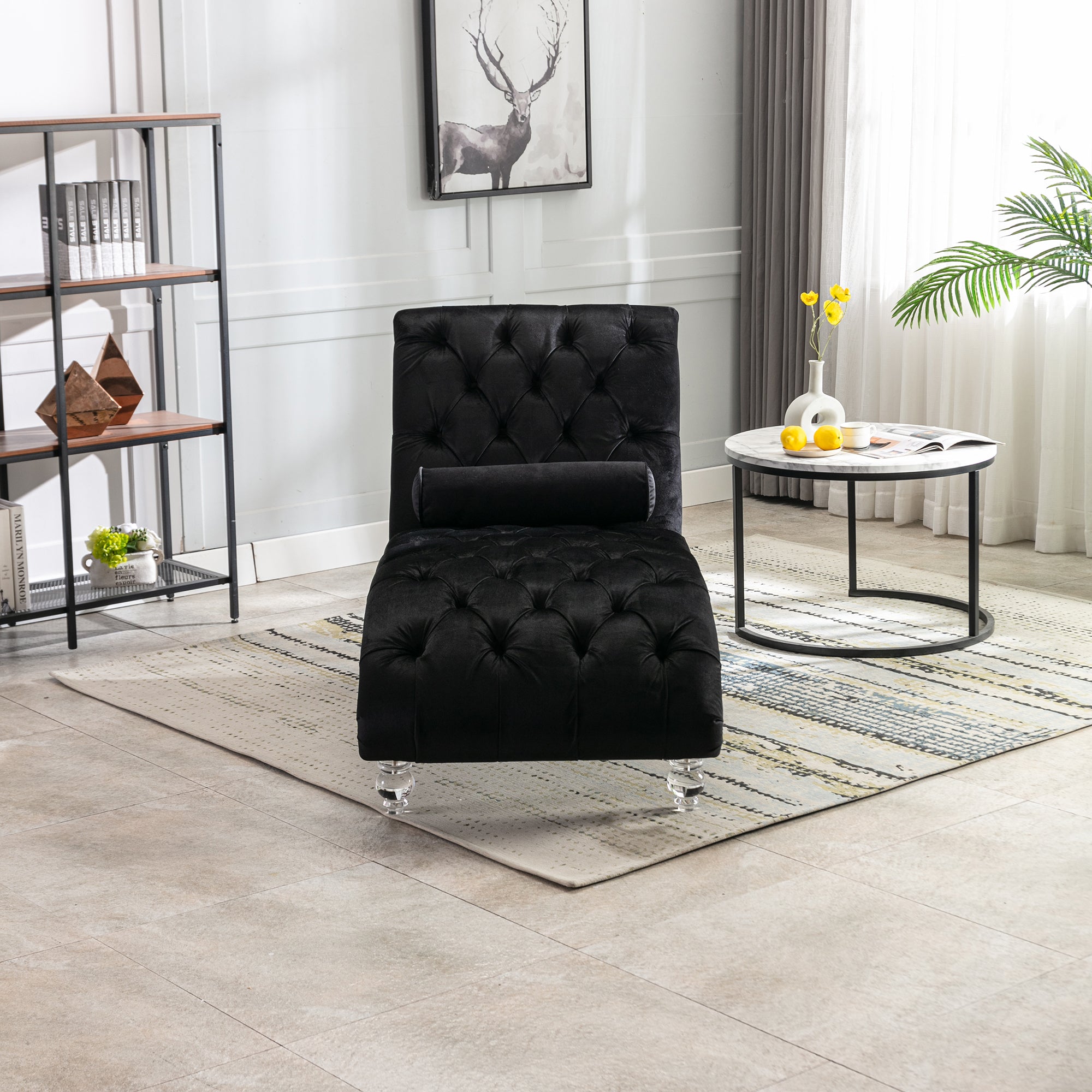 Velvet Chaise Lounge Indoor, Button-Tufted Upholstered Chair with Pillow, Black Velvet, 63.38x28.94x34.05 inches - Grand Goldman Shop