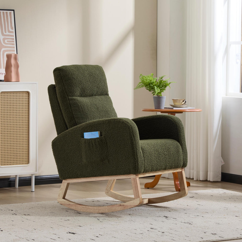 Modern Accent Rocking Chair Rocking Chair with Solid Wood Legs, Upholstered Nursery Glider Rocker, Comfy Armchair with Side Pocket, Living Room Lounge Arm Chair with High Backrest (green,teddy) - Grand Goldman Shop