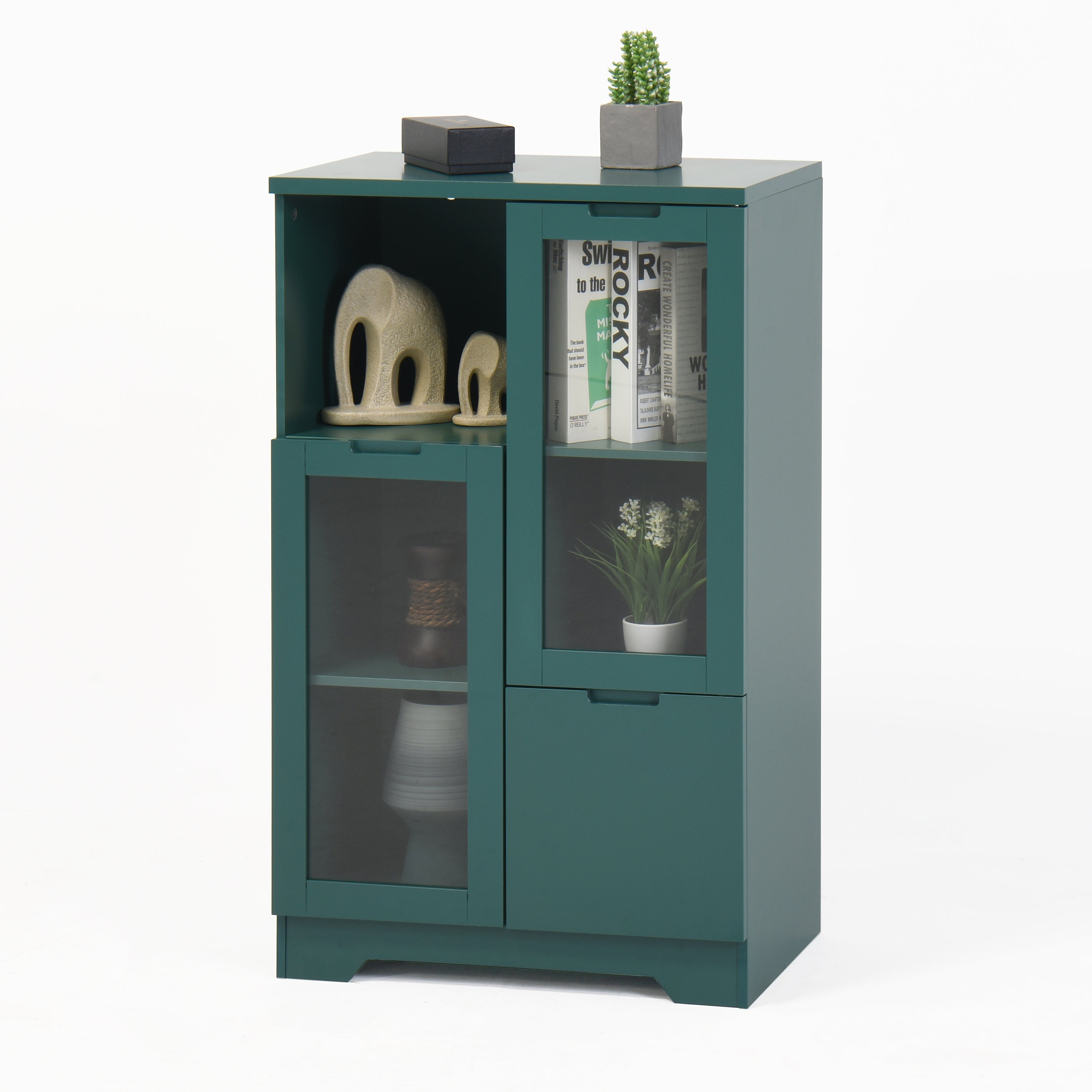 Modern MDF Painted Cabinet with Glass Doors and Drawer, Green, Bedroom Living Room Storage - Grand Goldman Shop
