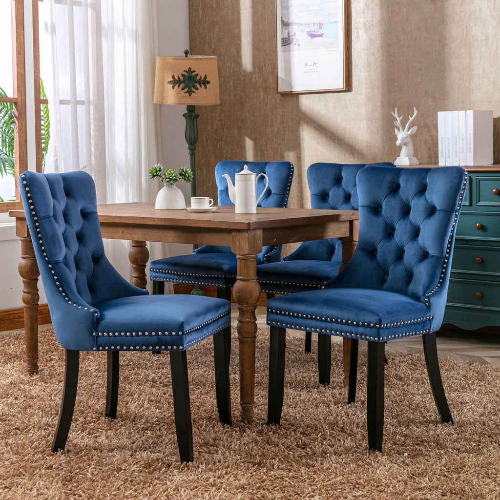 Nikki Collection Modern, High-end Tufted Solid Wood Contemporary Velvet Upholstered Dining Chair with Wood Legs Nailhead Trim 2-Pcs Set,Blue, SW2001BL - Grand Goldman Shop