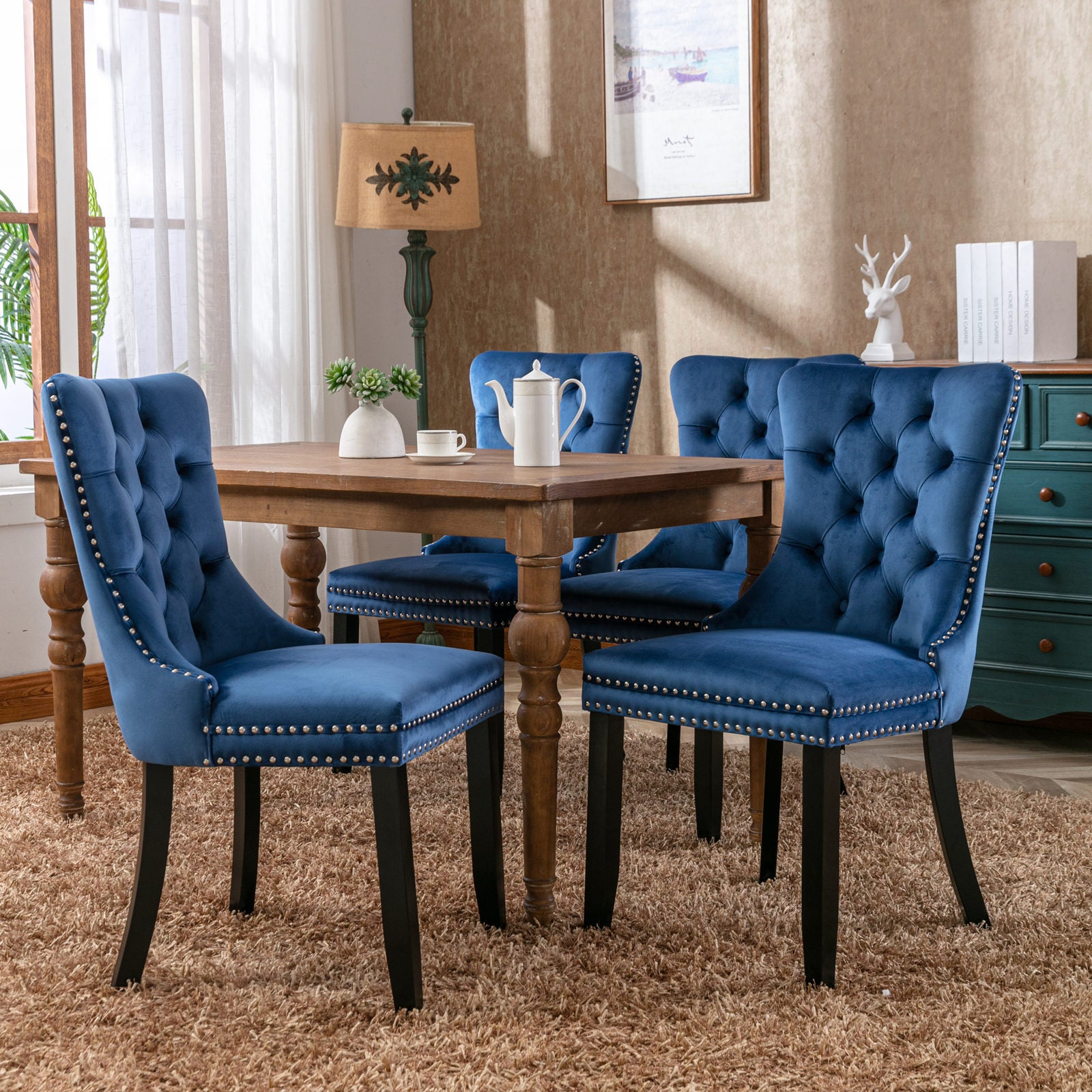 Nikki Collection Modern, High-end Tufted Solid Wood Contemporary Velvet Upholstered Dining Chair with Wood Legs Nailhead Trim 2-Pcs Set,Blue, SW2001BL - Grand Goldman Shop