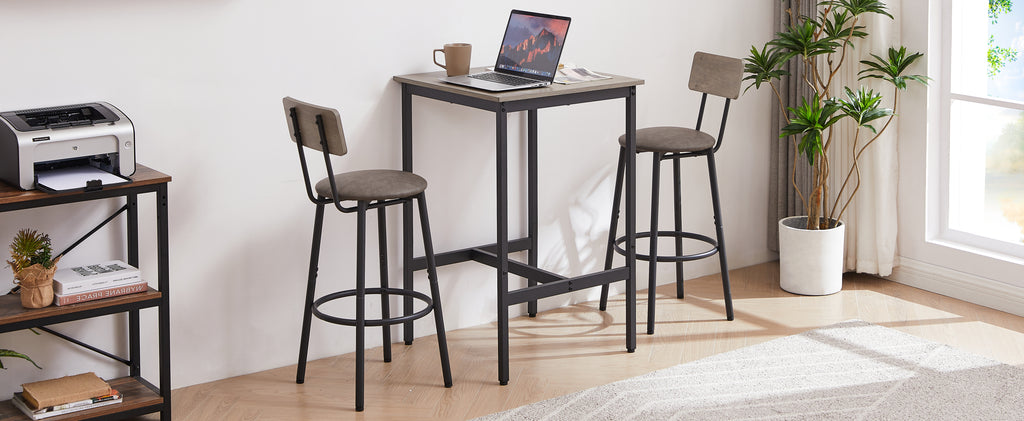 Bar Table Set with 2 Bar stools PU Soft seat with backrest, Grey, 23.62'' W x 23.62'' D x 35.43'' H - Grand Goldman Shop