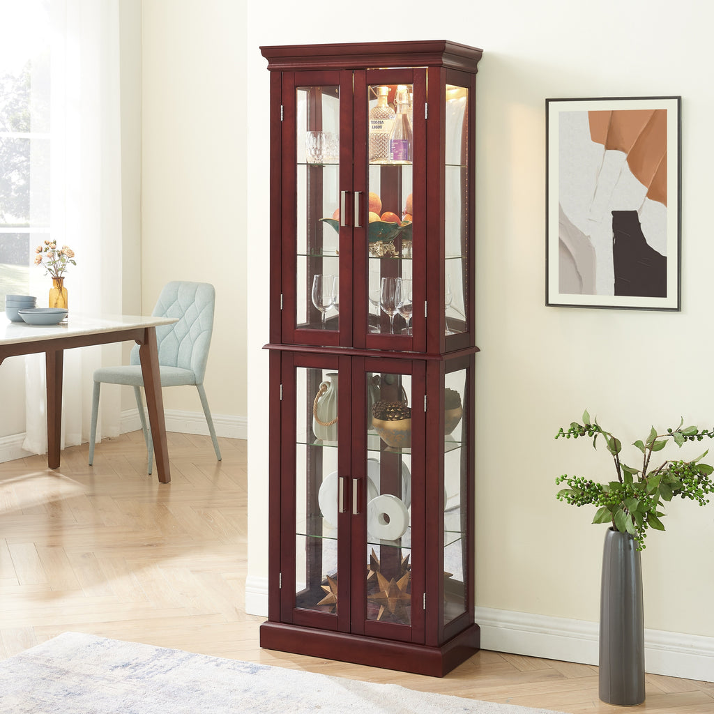 Lighted Curio Cabinet with Adjustable Shelves, Mirrored Back, and Tempered Glass Doors, 6-Tier Cherry Finish - Grand Goldman Shop