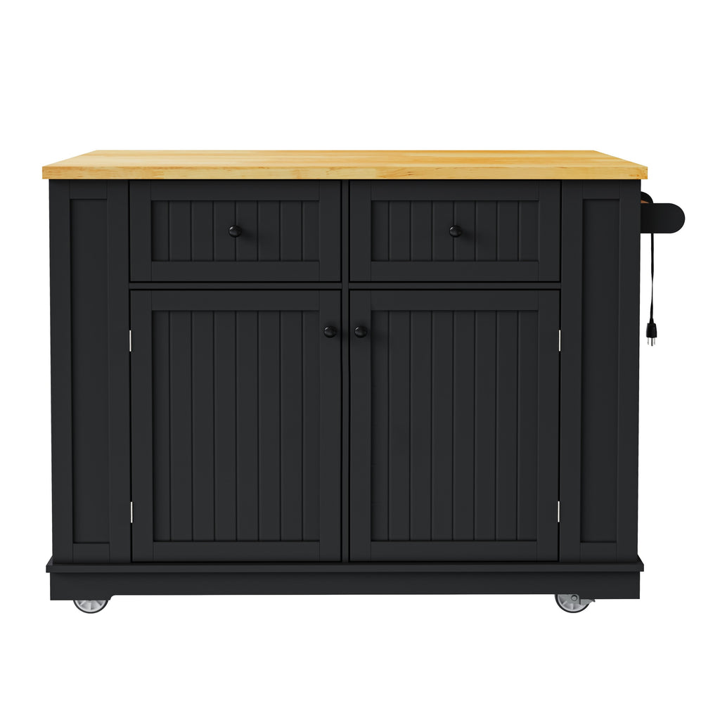 48 inch Kitchen Island with Drop Leaf,Power Outlet,Internal Storage Rack,Rolling Kitchen Storage Cart on 5 Wheels with 5 Open Side Racks,for Kitchen,Black (Old SKU N707P257057B)(Not Include Stools) - Grand Goldman Shop