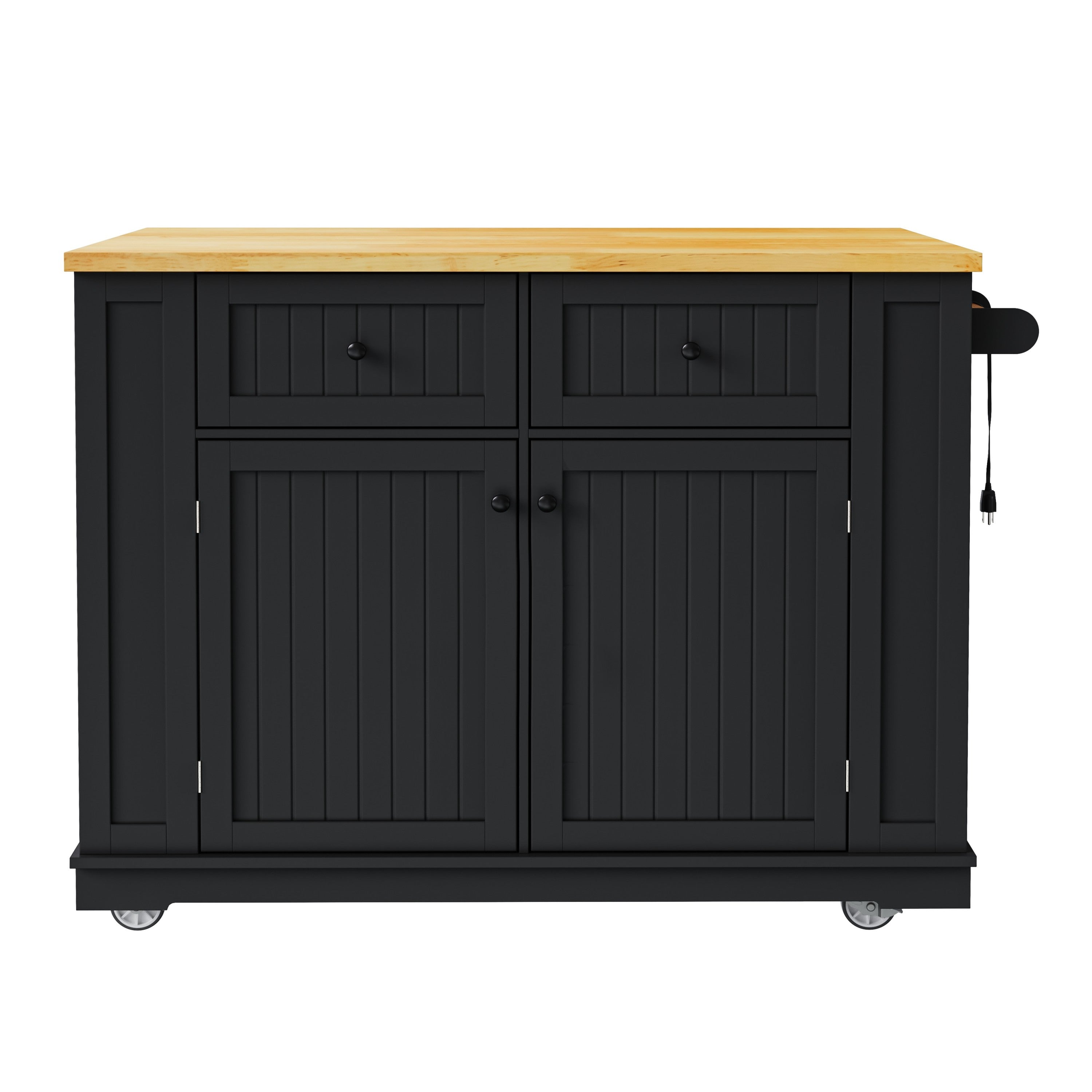 48 inch Kitchen Island with Drop Leaf,Power Outlet,Internal Storage Rack,Rolling Kitchen Storage Cart on 5 Wheels with 5 Open Side Racks,for Kitchen,Black (Old SKU N707P257057B)(Not Include Stools) - Grand Goldman Shop